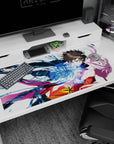 Anime desk pad 40x20 inches showing boy catching pink-haired girl mid-fall as blue ribbons swirl.