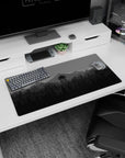 Modern 32x16 inches mouse pad showcasing a minimalist forest and watchtower design for a tranquil, sleek atmosphere.