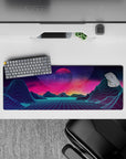 32x12 inches mouse pad with Neon Horizon Dreams, showcasing a retro-futuristic landscape with glowing elements and a cosmic sky.