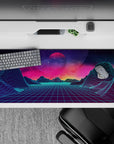36x16 inches desk pad with Neon Horizon Dreams, blending retro-futuristic landscapes with a glowing horizon and cosmic sky in a synthwave design.