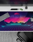 40x20 inches desk pad with Neon Horizon Dreams, blending a retro-futuristic landscape, glowing horizon, and cosmic sky for a synthwave vibe.