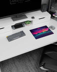 Artistic 14x10 inches mouse pad with Neon Horizon Dreams, capturing the surreal beauty of a glowing horizon and wireframe mountains in a synthwave design.