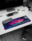 Artistic 32x12 inches mouse pad with Neon Horizon Dreams, blending a glowing horizon, wireframe mountains, and surreal cosmic sky for a synthwave feel.