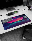 Modern 32x16 inches mouse pad with Neon Horizon Dreams, blending glowing wireframe mountains and a cosmic sky for a retro-futuristic look.