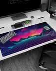 Large 40x20 inches desk pad featuring Neon Horizon Dreams, combining wireframe mountains and a surreal cosmic sky for a vaporwave aesthetic.
