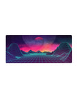 Mouse pad featuring Neon Horizon Dreams, 28x12 inches, with a retro-futuristic landscape, glowing horizon, and cosmic sky.