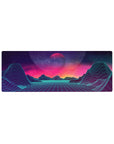 Compact 32x12 inches mouse pad with Neon Horizon Dreams, featuring wireframe mountains and a glowing horizon under a surreal cosmic sky.
