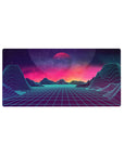 Mouse pad featuring Neon Horizon Dreams, 32x16 inches, with a retro-futuristic landscape, glowing horizon, and cosmic sky in vibrant colors.