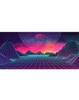 Desk pad featuring Neon Horizon Dreams, 36x16 inches, with a glowing horizon, wireframe mountains, and surreal cosmic sky for a retro-futuristic feel.