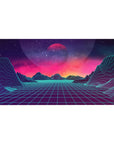 Desk pad featuring Neon Horizon Dreams, 40x20 inches, with wireframe mountains, a glowing horizon, and a surreal cosmic sky.