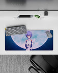 28x12 inches mouse pad with Rei Ayanami, full moon, soft blues, and ethereal glow for a serene, mysterious desk atmosphere.
