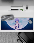 32x12 inches mouse pad featuring Rei Ayanami, full moon, and soft blues with ethereal glow for cosmic elegance and mystery.