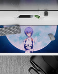 36x16 inches mouse pad with Rei Ayanami, luminous full moon, and soft blues for a mesmerizing, mysterious desk atmosphere.