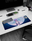 Artistic 32x12 inches mouse pad with Rei Ayanami against a full moon, soft blues, and ethereal glow for a celestial, ethereal vibe.
