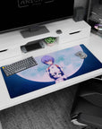 Artistic 36x16 inches mouse pad featuring Rei Ayanami against a full moon with soft blues and ethereal glow for cosmic beauty.