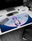 Large 40x20 inches mouse pad featuring Rei Ayanami, luminous full moon, and ethereal glow for a cosmic, elegant desk vibe.