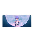 Mouse pad featuring Rei Ayanami, 28x12 inches, with luminous full moon and ethereal glow for a tranquil, cosmic workspace.