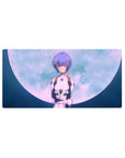 Mouse pad featuring Rei Ayanami, 32x16 inches, against a full moon, soft blues, and ethereal glow for celestial elegance.