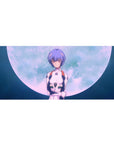 Mouse pad featuring Rei Ayanami, 36x16 inches, with luminous full moon and soft blues for a celestial, ethereal workspace effect.