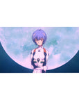 Mouse pad featuring Rei Ayanami, 40x20 inches, against a luminous full moon with soft blues and ethereal glow for cosmic elegance.