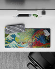 28x12 inches mouse pad with Pixel Wave Fusion, showcasing the iconic Great Wave with a pixelated and geometric design.