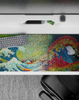 36x16 inches desk pad with Pixel Wave Fusion, showcasing the iconic Great Wave with digital pixel twists and geometric patterns.