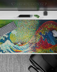 40x20 inches desk pad with Pixel Wave Fusion, blending classic Japanese art with digital pixel twists and geometric patterns for a modern touch.