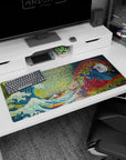 Artistic 36x16 inches desk pad featuring Pixel Wave Fusion, combining traditional art and modern digital design in a striking fusion.