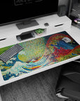 Large 40x20 inches desk pad featuring Pixel Wave Fusion, merging the Great Wave with pixelated designs and geometric elements.