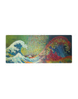 Mouse pad featuring Pixel Wave Fusion, 28x12 inches, blending the Great Wave with digital twists and modern geometric elements.