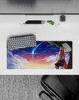28x12 inches anime mouse pad in peach-gold to violet gradients, calm dreamy night with glitter stars.