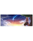 32x12 inches anime mouse pad with fox-eared girl on swing under comet, sunset-to-night sky.