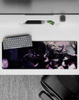 Moody purple and charcoal anime desk mat 32x12 inches with rose highlights and dreamy gothic vibe.