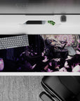 Moody purple-and-charcoal anime desk pad 36x16 inches with rose highlights for a cozy gothic gaming setup.