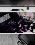 Moody purple and charcoal anime desk pad 40x20 inches with rose highlights and dreamy night vibe.