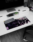 Silver-haired anime girl in black lace by stained-glass windows mouse pad 28x12 inches, butterflies swirling.