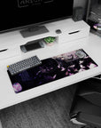 Silver-haired anime girl in black lace by stained-glass windows mouse pad 32x12 inches with pink butterflies.