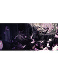 Gothic anime girl desk pad 36x16 inches with stained-glass arches, lace details, and pink butterflies.