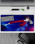 32x16 inches anime girl mouse pad in midnight blues with neon streaks, bold cyber mood for gaming desks.
