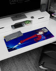 32x12 inches anime girl mouse pad featuring fierce swordswoman, fluffy white collar, icy stare, blade flashing.