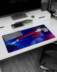 32x16 inches anime girl mouse pad showing icy-eyed fighter twisting mid-strike, jacket flaring, sword flashing.