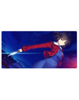 32x16 inches anime girl mouse pad with short-haired heroine, blue dress, red jacket, and silver blade.