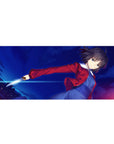 Anime girl desk pad 36x16 inches with short-haired heroine, blue dress, red jacket, and silver blade.