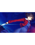Anime girl desk pad 40x20 inches featuring a sword-wielding heroine in motion with neon accents.