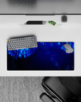 28x12 inches mouse pad with Neon Cascade design, showcasing glowing blue lines and dots for a dynamic, sleek, and modern workspace vibe.