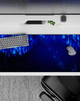 36x16 inches desk pad with Neon Cascade design, capturing the balance of electric blue lines and glowing dots for a futuristic, elegant look.