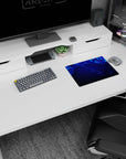 Artistic 14x10 inches mouse pad with Neon Cascade design, blending electric blue lines and glowing dots for a sleek, modern touch.