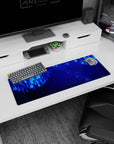 Artistic 32x12 inches mouse pad featuring Neon Cascade design, with glowing blue lines and dots for a sleek, modern workspace touch.