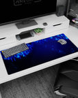 Artistic 36x16 inches desk pad featuring Neon Cascade design, with electric blue lines and glowing dots for a modern, sleek, and serene workspace.