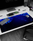 Large 40x20 inches desk pad featuring Neon Cascade design, with electric blue lines and glowing dots for a dynamic, futuristic atmosphere.